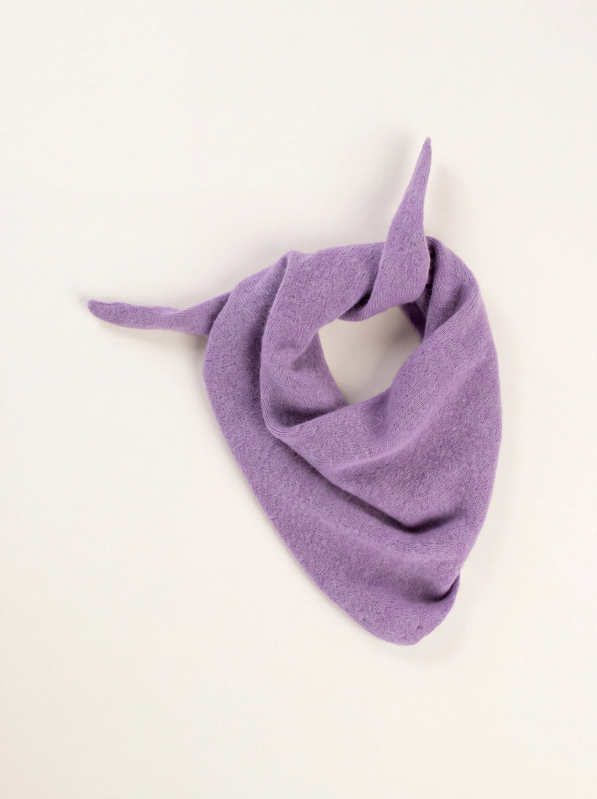 Lavender knitted wool bandana with tapered ends, loosely tied to show the triangular drape