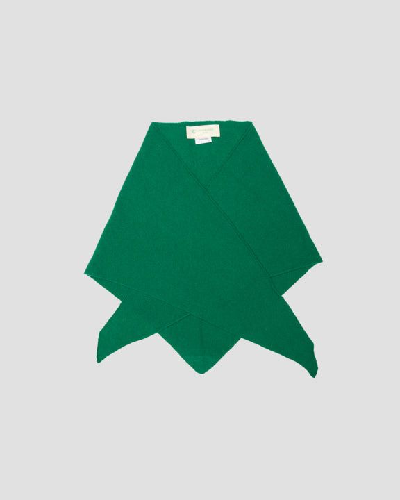 Mint green merino wool bandana folded flat with overlapping tapered ends and neck label