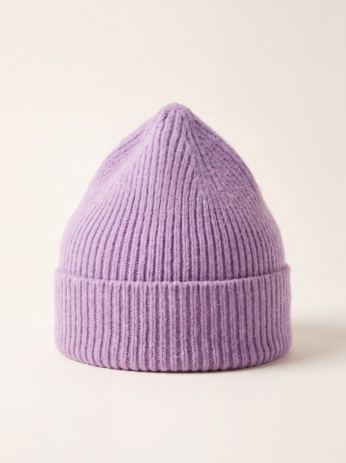 Lavender ribbed wool beanie with a wide folded cuff and tapered crown