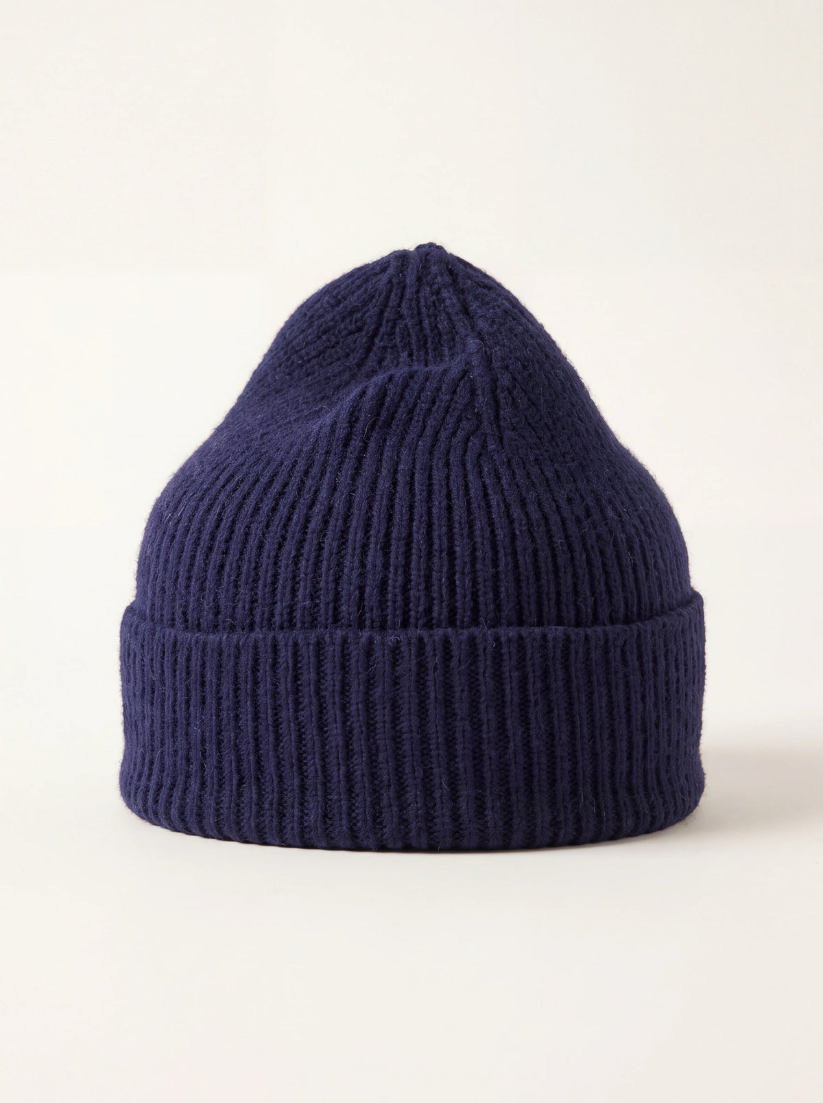 Ribbed midnight-blue wool-blend beanie with a wide turn-up cuff