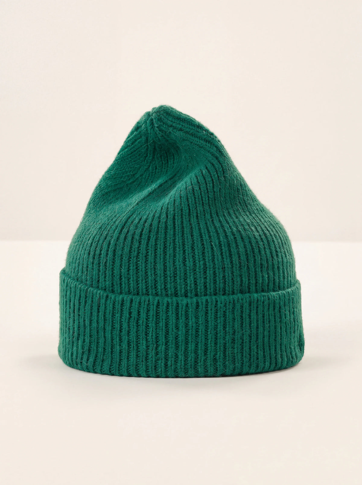 Pine green ribbed lambswool beanie with a wide folded cuff