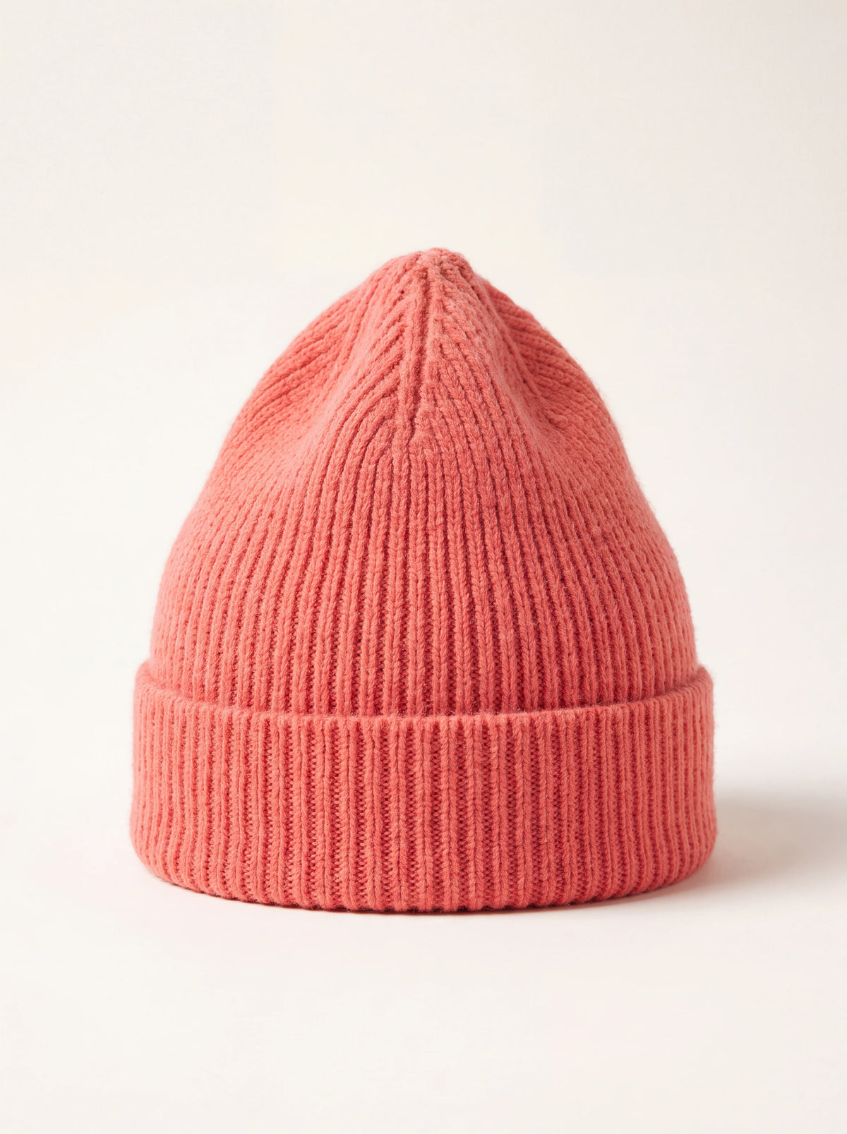 Ribbed salmon pink wool-blend beanie with a wide folded cuff
