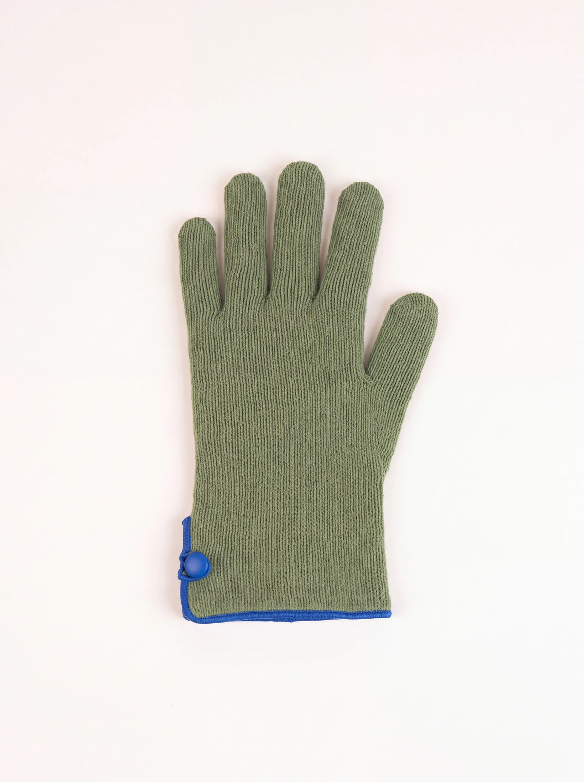 Knitted green wool and cashmere glove with blue piping and covered button at the cuff slit