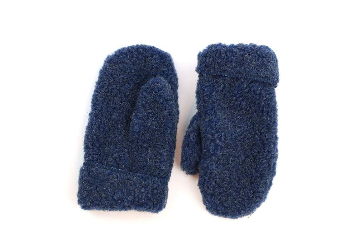 Pair of dark blue textured wool mittens with folded cuffs and separate thumbs