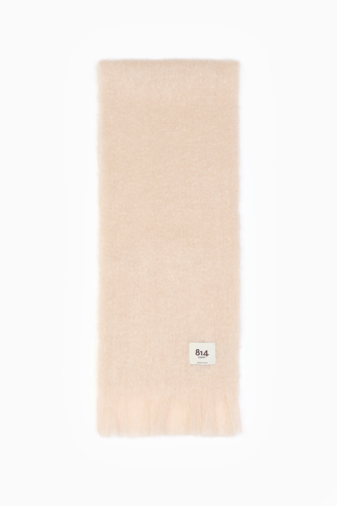 Beige brushed mohair-blend scarf with a fringed end and a sewn label reading 814