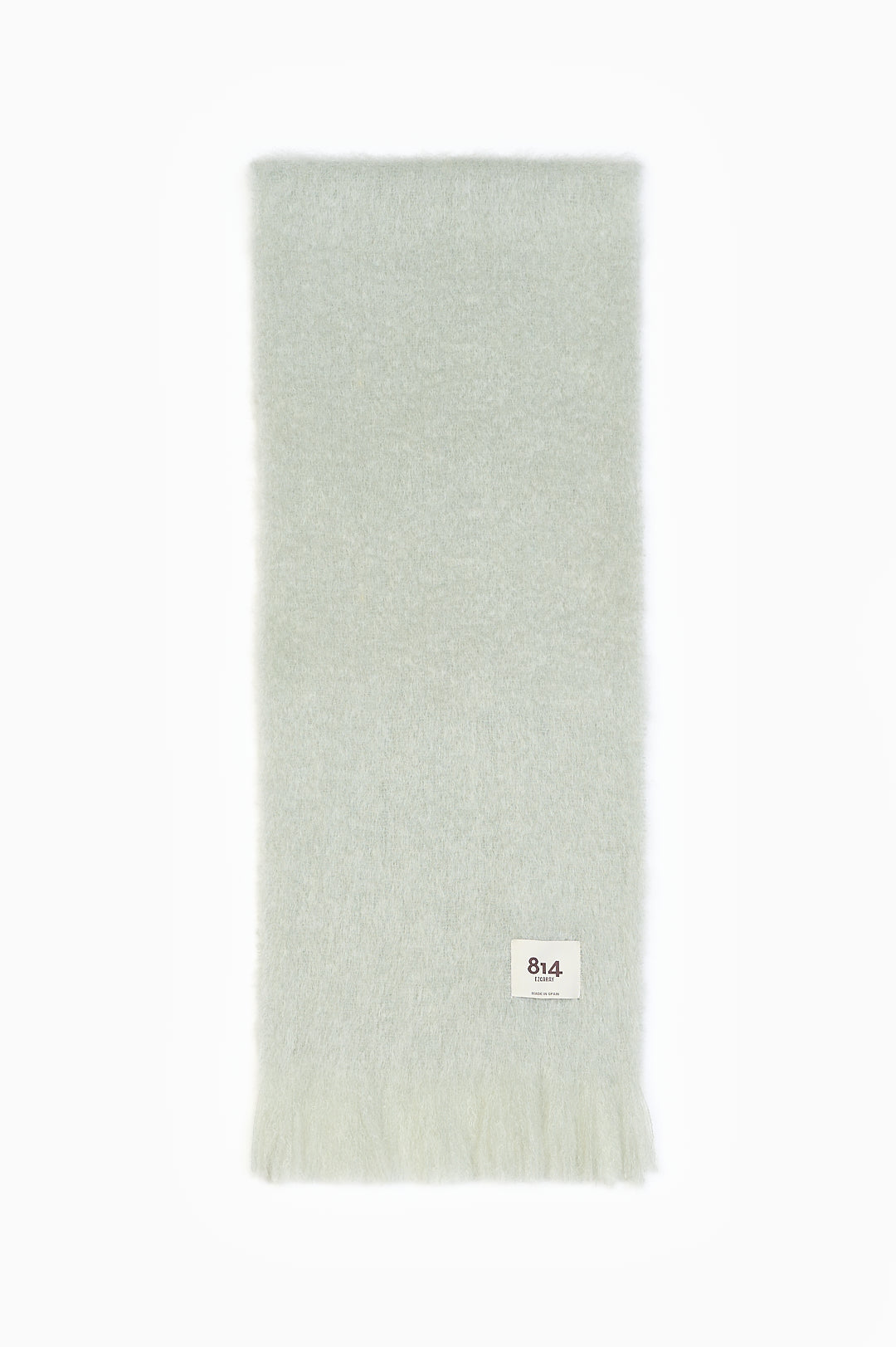Light green brushed mohair-blend scarf with fringed ends and stitched 814 label