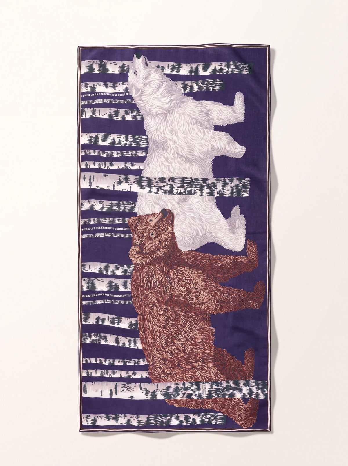 Rectangular navy wool scarf featuring an illustrated polar bear and brown bear among birch trees