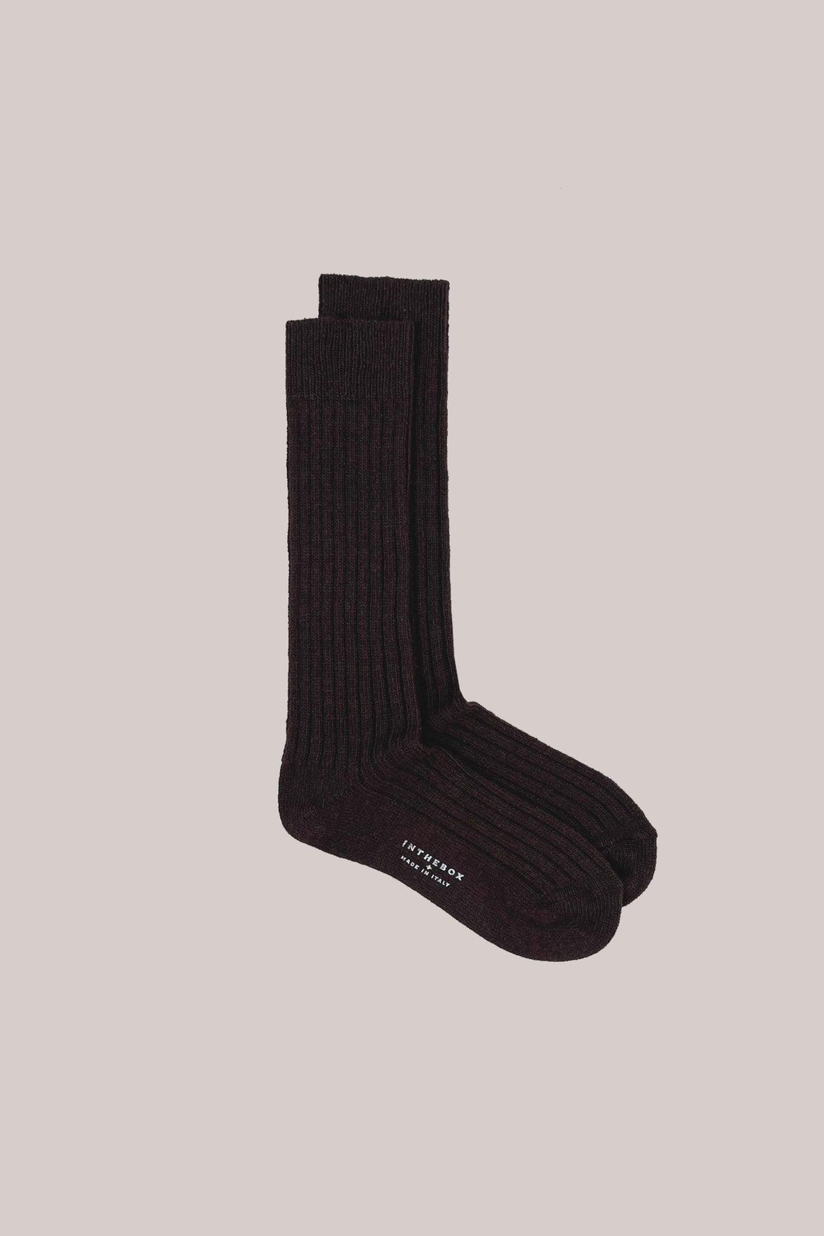 Dark brown ribbed wool-blend socks with INTHEBOX MADE IN ITALY printed on the sole