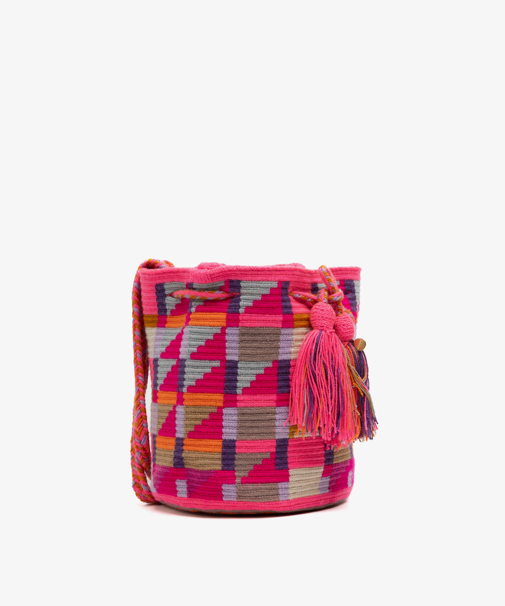 Full front view of the bucket bag standing upright, showing its cylindrical shape and gathered rim