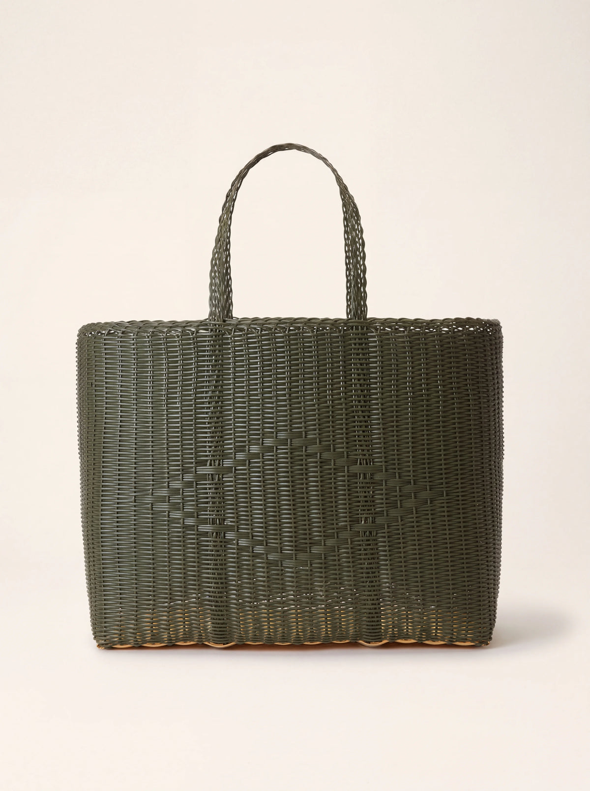 Woven plastic tote bag in olive green with a central diamond pattern and woven top handles