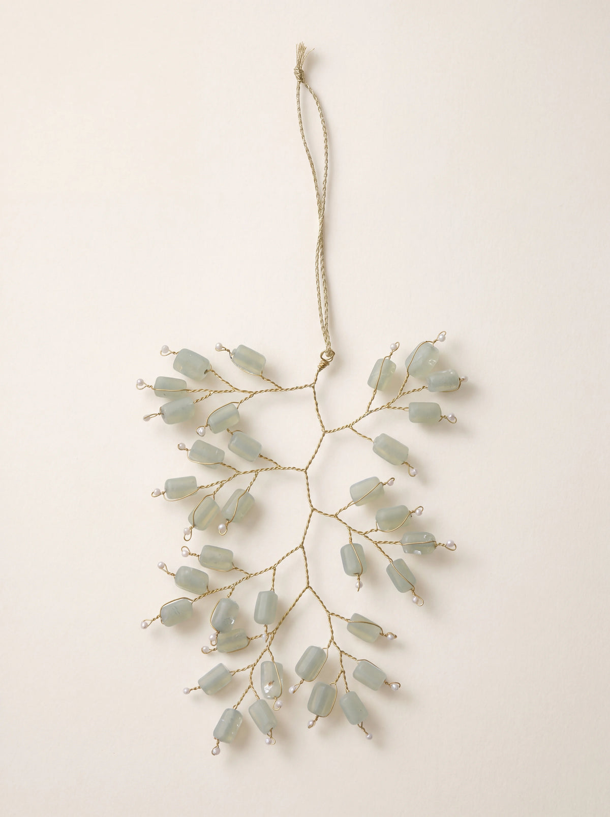 Beaded twig ornament with twisted wire branches, pale jade beads and faux pearl tips on a hanging loop